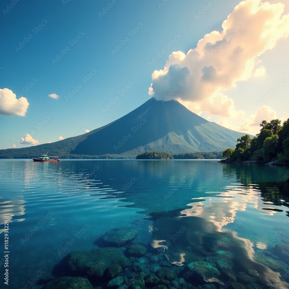 Naklejka premium Towering volcano looming over the serene lake, laguna, water