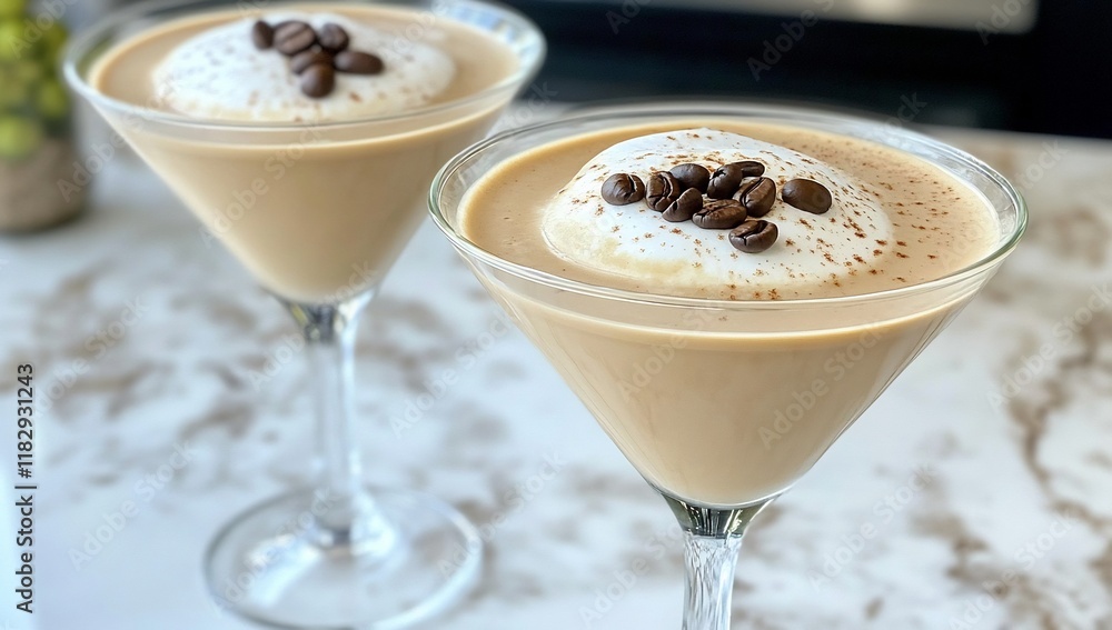 Elegant Creamy Coffee Cocktails on Marble Countertop Elegant Creamy Coffee Cocktails on Marble Countertop