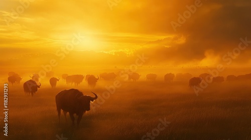 Wallpaper Mural A herd of buffalo moving across an endless grassland, their silhouettes against the golden light Torontodigital.ca