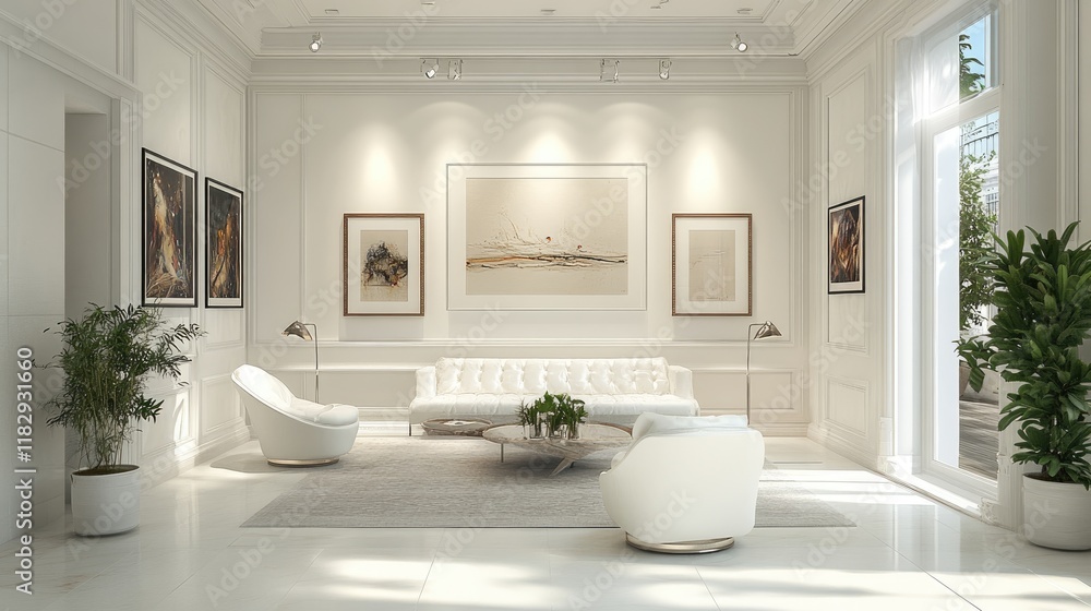 A simple yet stylish white art gallery, showcasing modern art with elegant displays, creating an inviting space for creativity and culture. A simple yet stylish white art gallery, showcasing modern art with elegant displays, creating an inviting space for creativity and culture.