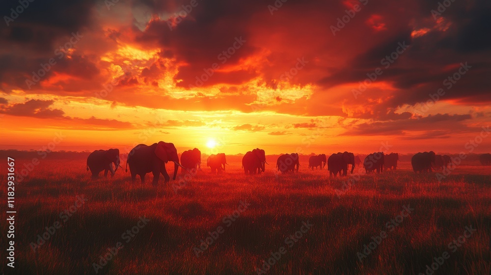A herd of elephants marching across a grassland, their silhouettes framed by a dramatic sunset A herd of elephants marching across a grassland, their silhouettes framed by a dramatic sunset