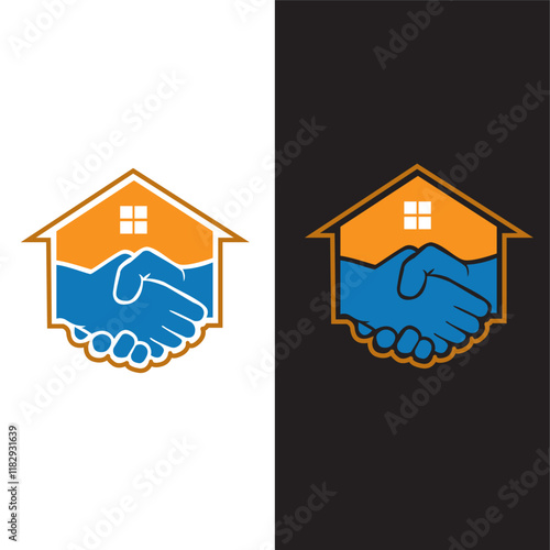 Real estate agency logo Home Deal Logo, Home Trade Company Identity, Home with hand shake symbol