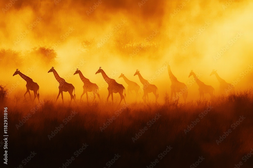 A herd of giraffes walking gracefully through a golden savanna at sunrise A herd of giraffes walking gracefully through a golden savanna at sunrise