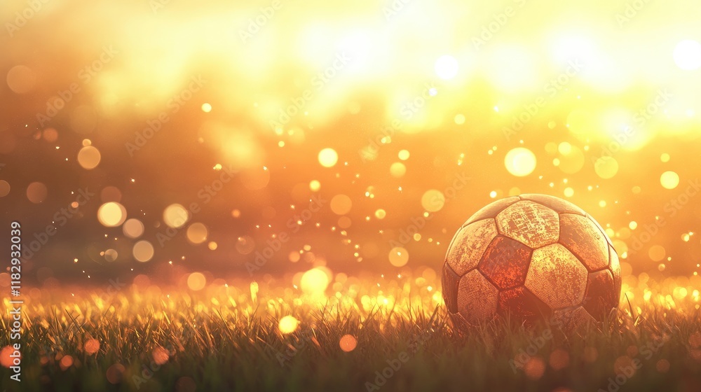 Fototapeta premium A soccer ball with a vintage design in a glowing field, illuminated by soft sunlight and a bokeh background, evoking memories of classic play.