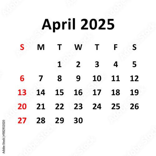 april 2025. Calendar with holydays or red dates. monthly calendar design with week starts on sunday. printable, simple, and clean vector design isolated on white background.