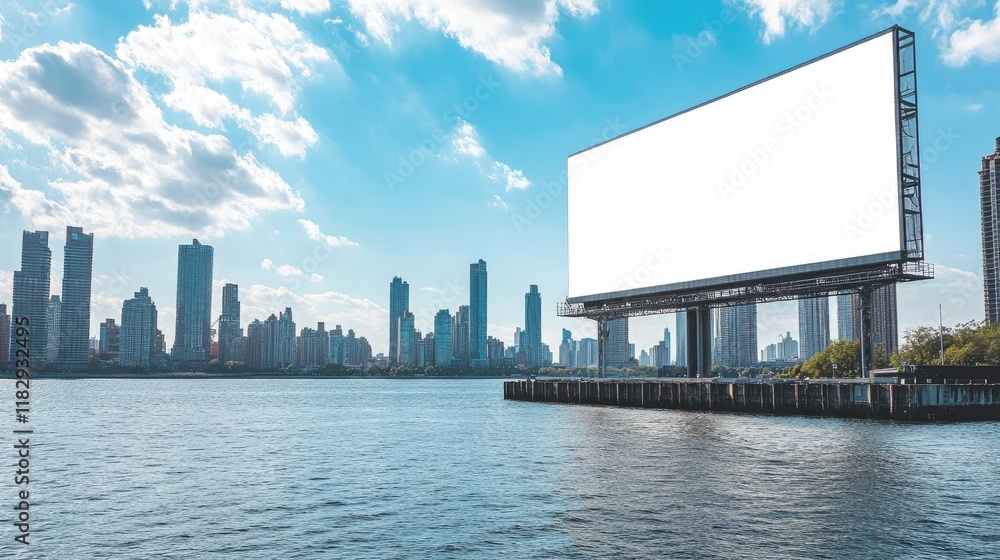 A striking view of an urban skyline with a large blank billboard over the waterfront, offering a blend of modern architecture and space for creative advertisements. A striking view of an urban skyline with a large blank billboard over the waterfront, offering a blend of modern architecture and space for creative advertisements.
