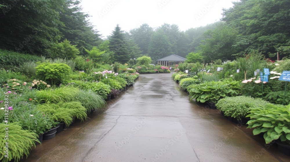 Obraz premium Rainy Day at the Lush Garden Center Plant Nursery