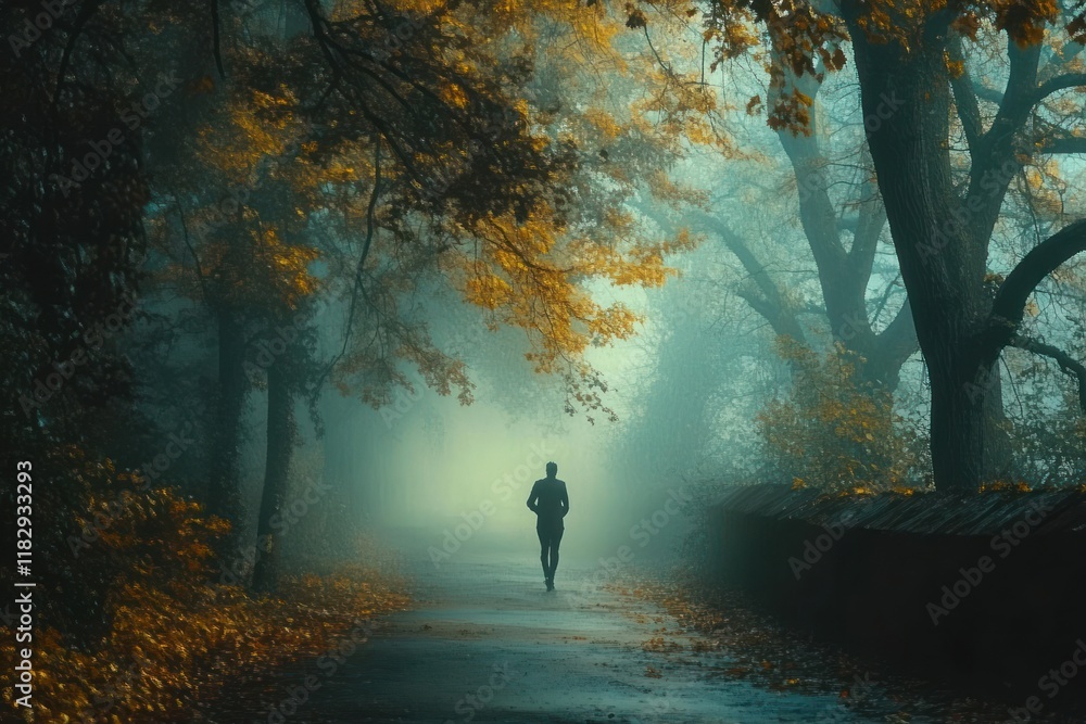 Fototapeta premium Autumn Pathway Jogger in Misty Forest Ambience Training for Endurance and Fitness