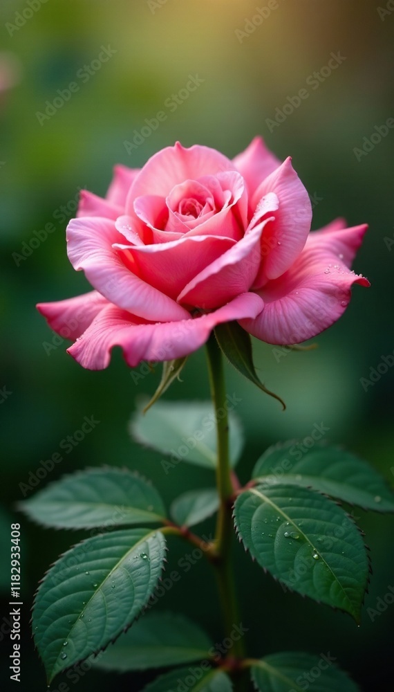 Delicate petals of pink rose unfolding in morning dew, foliage, blossom Delicate petals of pink rose unfolding in morning dew, foliage, blossom