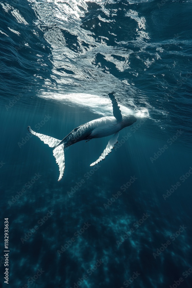 Naklejka premium A humpback whale diving into the ocean, its tail creating ripples on the water surface
