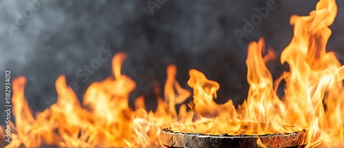 Vivid Flames Consuming a Pan in a Contemporary Kitchen Environment photo