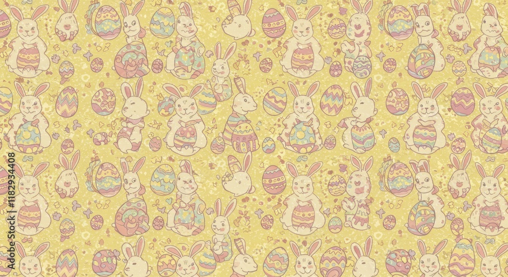 Cute pastel easter bunnies and eggs pattern on yellow background Cute pastel easter bunnies and eggs pattern on yellow background