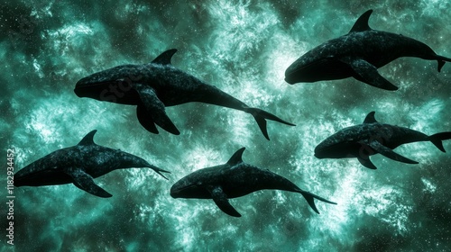 Ethereal Digital Environment Featuring Five Mystical Whales Swimming in a Cosmic Sea of Brilliant Green Light