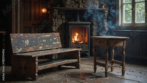 Cozy cabin scene: richly stained wooden bench sits alongside a rustic side table, warming fireplace, and crackling wood burning stove, exuding warmth and comfort within a charming indoor space photo