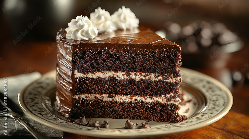 Decadent chocolate cake slice with rich frosting and creamy layers Decadent chocolate cake slice with rich frosting and creamy layers