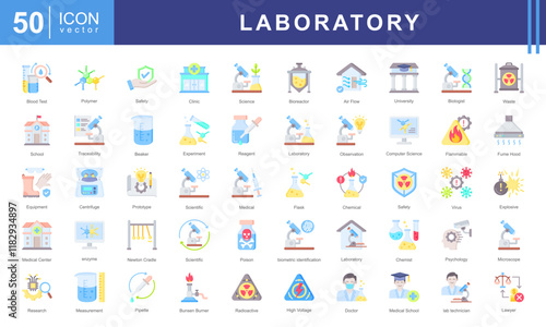 Laboratory icon set of lab, university, microscope, hospital, school, medical, innovation, safety, clinic, physics, scientific, cell, poison, experiment, equipment, crime, beaker, chemist, flammable.