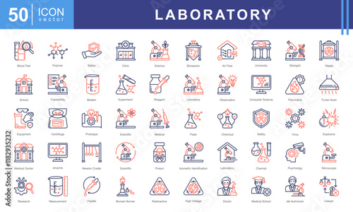 Laboratory icon set of lab, university, microscope, hospital, school, medical, innovation, safety, clinic, physics, scientific, cell, poison, experiment, equipment, crime, beaker, chemist, flammable.