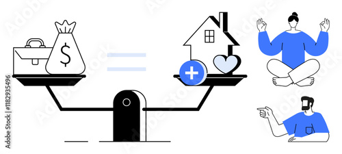 Scales balancing money bag and briefcase with house and heart. Two people meditate or point. Ideal for work-life balance, wellness, financial stability, mental health, priorities, equality, lifestyle