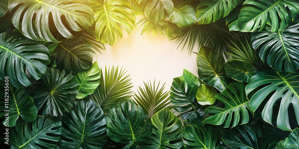 Tropical Watercolor Seamless Pattern with Monstera Palm and Coconut Leaves on White Background Tropical Watercolor Seamless Pattern with Monstera Palm and Coconut Leaves on White Background