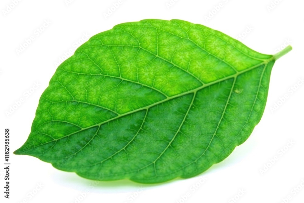 Obraz premium Large green leaf with veins isolated on a plain white background, nature, vegetation, single