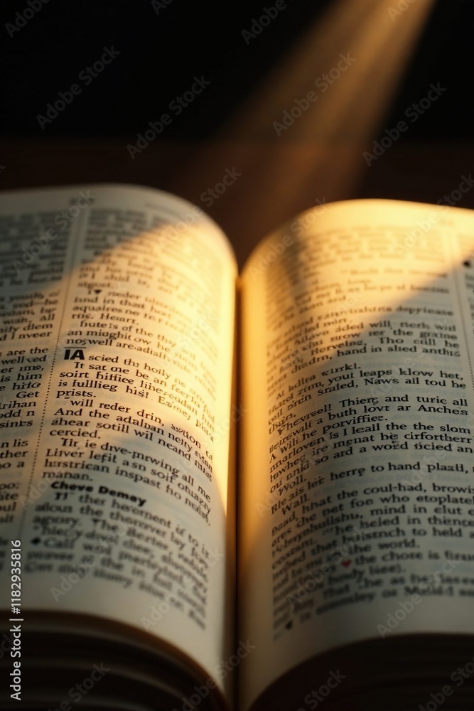 Fototapeta premium Light shining through the pages of an open holy book, beam, holy, sacred