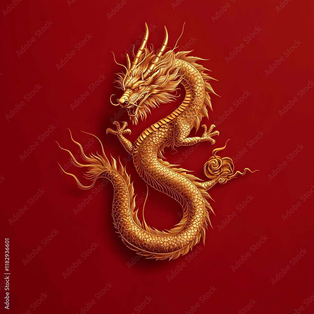 Magnificent golden Chinese dragon coiled and poised on a deep red background showcasing the intricate oriental design and symbolism of this mythical Magnificent golden Chinese dragon coiled and poised on a deep red background showcasing the intricate oriental design and symbolism of this mythical