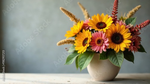 Wallpaper Mural A vibrant autumnal floral arrangement featuring sunflowers and gerbera daisies in a simple, elegant vase Torontodigital.ca