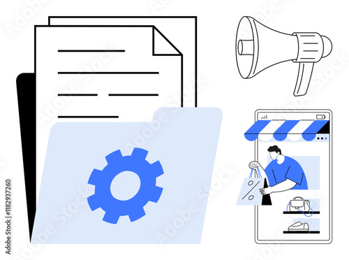 Documents and blue gear on folder, megaphone, online shopping graphic with storefront and person holding bags. Ideal for business, marketing, e-commerce, organization, technology, communication