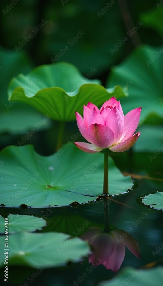 Pink lotus blooms on green leaves in a shallow pool of still water, shallow, water Pink lotus blooms on green leaves in a shallow pool of still water, shallow, water