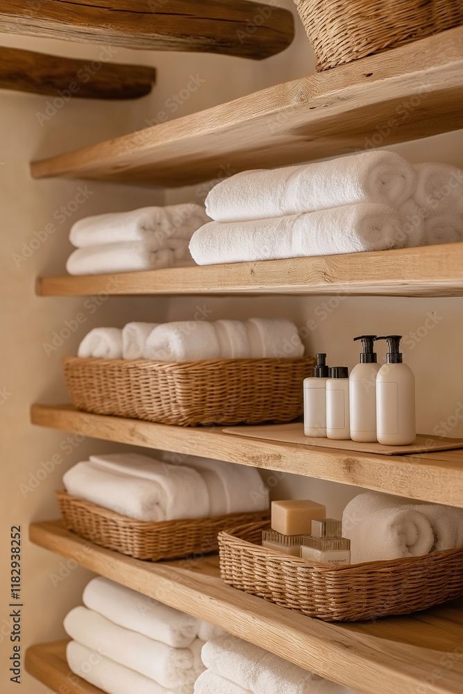 Spa illustration, Minimal wooden floating shelves in a simple bathroom with towels and rustic wicker baskets, Modern country decor Spa illustration, Minimal wooden floating shelves in a simple bathroom with towels and rustic wicker baskets, Modern country decor