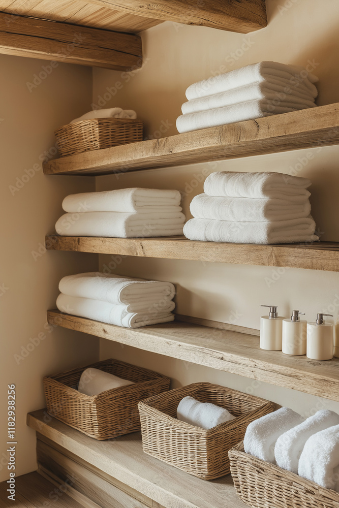 Spa illustration, Minimal wooden floating shelves in a simple bathroom with towels and rustic wicker baskets, Modern country decor Spa illustration, Minimal wooden floating shelves in a simple bathroom with towels and rustic wicker baskets, Modern country decor
