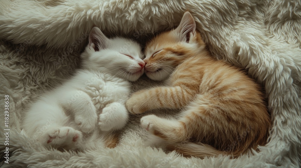 Fluffy orange and white kittens snuggled together, sound asleep on a soft furry blanket, creating a cozy and serene atmosphere. Fluffy orange and white kittens snuggled together, sound asleep on a soft furry blanket, creating a cozy and serene atmosphere.