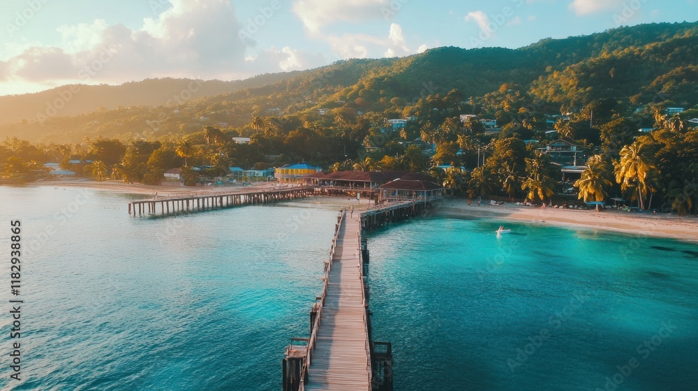 Tranquil Pier Paradise: Sunset over Tropical Beach Tranquil Pier Paradise: Sunset over Tropical Beach