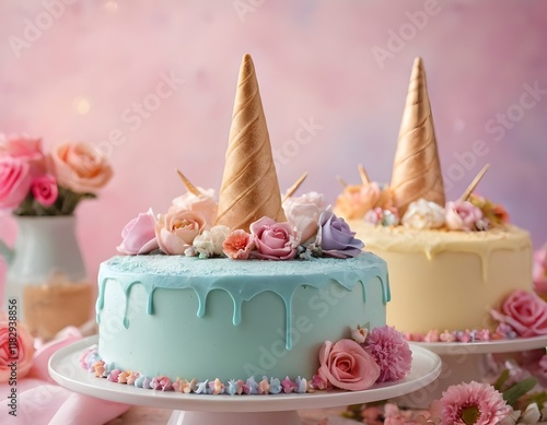 Delicious pastel colored cake for birthday or celebration shaped like a unicorn with cones