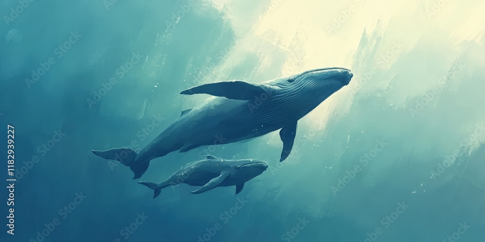 Fototapeta premium A majestic blue whale swimming alongside its calf in the open ocean,