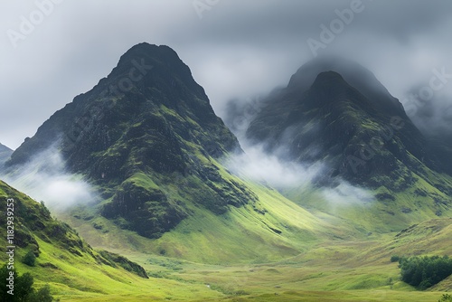 A peaceful mountain scene with a gentle mist rolling over the valleys with copy space  photo