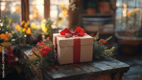 Gift box on porch wrapped with red ribbon in autumn light for New Year celebrations and holiday delivery at entrance photo