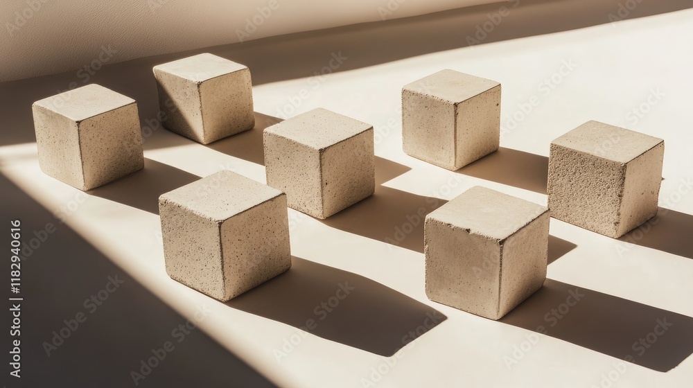 Simple, abstract geometric setup of concrete cubes in perfect alignment, casting dramatic shadows on a plain background. Simple, abstract geometric setup of concrete cubes in perfect alignment, casting dramatic shadows on a plain background.