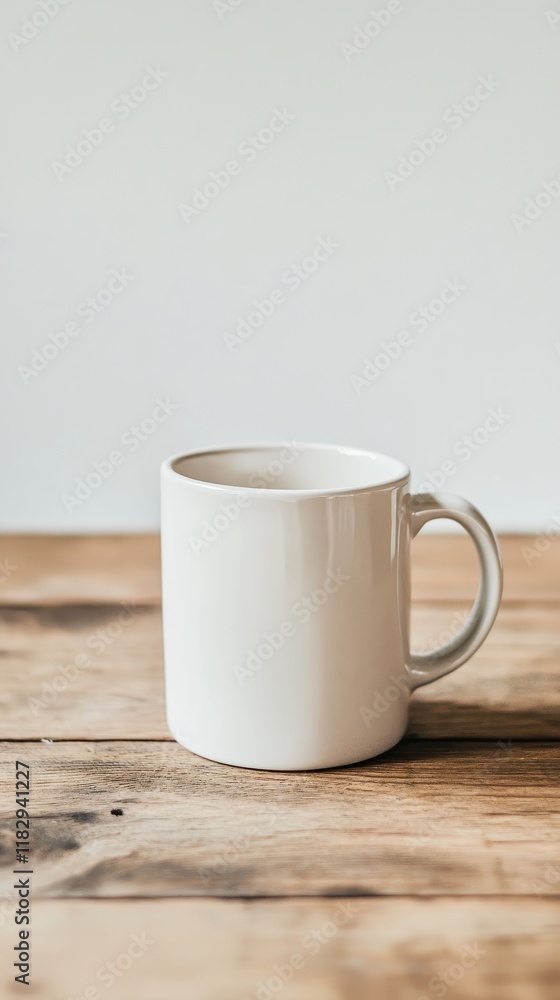 White Coffee Mug on Rustic Wooden Table with Neutral Background White Coffee Mug on Rustic Wooden Table with Neutral Background