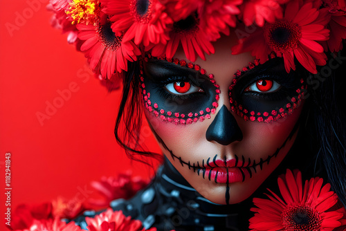 Calavera Catrina Makeup Artistic Red Floral Photo photo