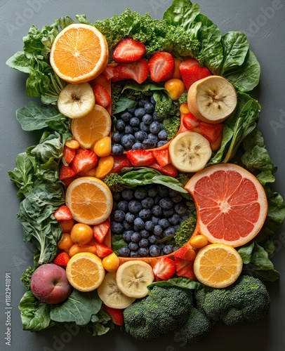 Vibrant Still Life Fresh Fruits and Vegetables in Shape of Letter B