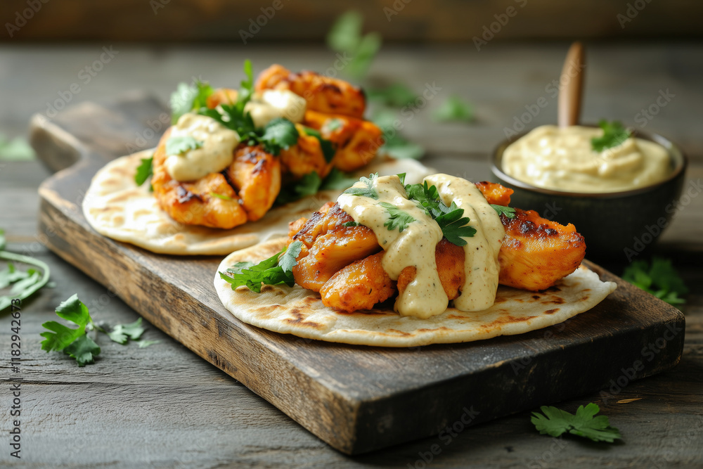 Poulet épicé dans un pain pita et sauce Poulet épicé dans un pain pita et sauce