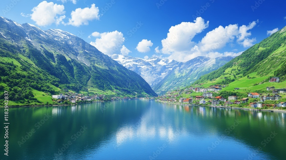 Serene Alpine Lake Village Mountain Scenery Serene Alpine Lake Village Mountain Scenery