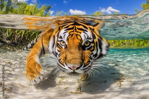 Tigre nageant sous l'eau photo