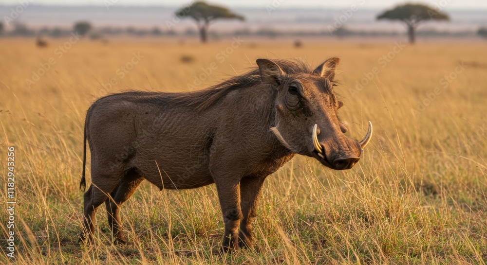 Warthog in the Savannah: A solitary warthog stands vigilant amidst the golden hues of the African savanna, its impressive tusks gleaming in the late afternoon sunlight. Warthog in the Savannah: A solitary warthog stands vigilant amidst the golden hues of the African savanna, its impressive tusks gleaming in the late afternoon sunlight.