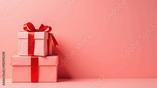 Two pink gift boxes with red ribbons against a pale pink background