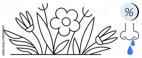 Flowers emitting pollen causing allergic reactions, represented by a runny nose and a percentage symbol indicating pollen count. Ideal for health, allergies, nature, medical warnings, seasonal