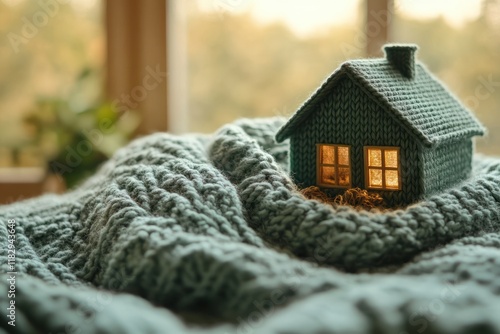 Warm House Concept with Knitted Blanket on Radiator for Efficient Energy Savings and Comfort in Winter photo