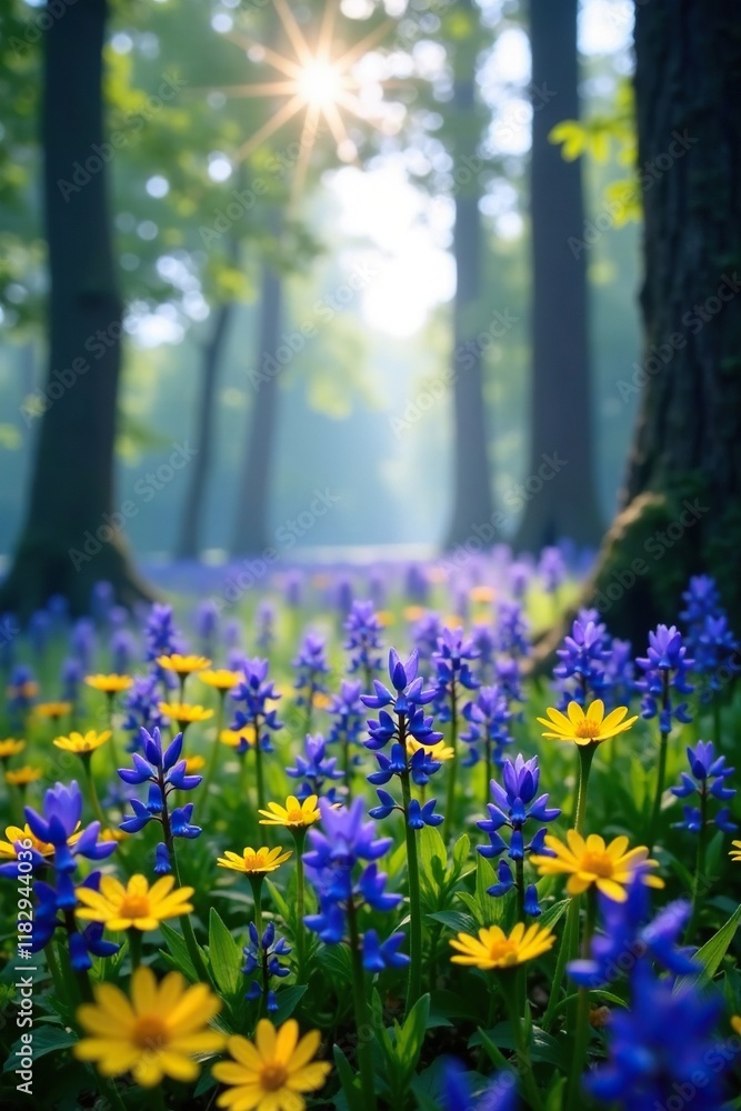 Obraz premium Bluebells and yellow daisies in a woodland garden, daisy, trees, woodland