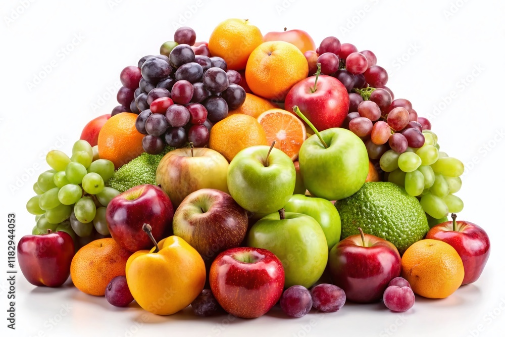 Fresh Organic Fruit Pile: Apples, Oranges, Pears & Grapes Isolated on White Fresh Organic Fruit Pile: Apples, Oranges, Pears & Grapes Isolated on White